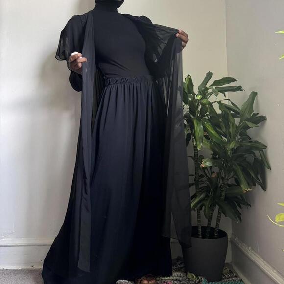 Vintage 90s black sheer lingerie maxi‎ dress ruffle floral cardigan - Picture 4 of 8